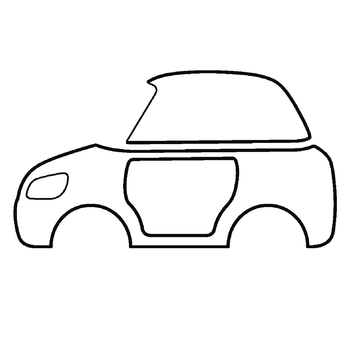 Step 3 of 6: Step-by-step drawing sheet: a small family car seen from the side, built up over six frames from the body to the roof, windows, wheels and lights, black outlines on white