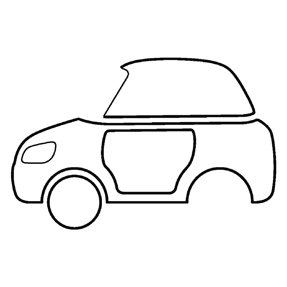 Step 4 of 6: Step-by-step drawing sheet: a small family car seen from the side, built up over six frames from the body to the roof, windows, wheels and lights, black outlines on white