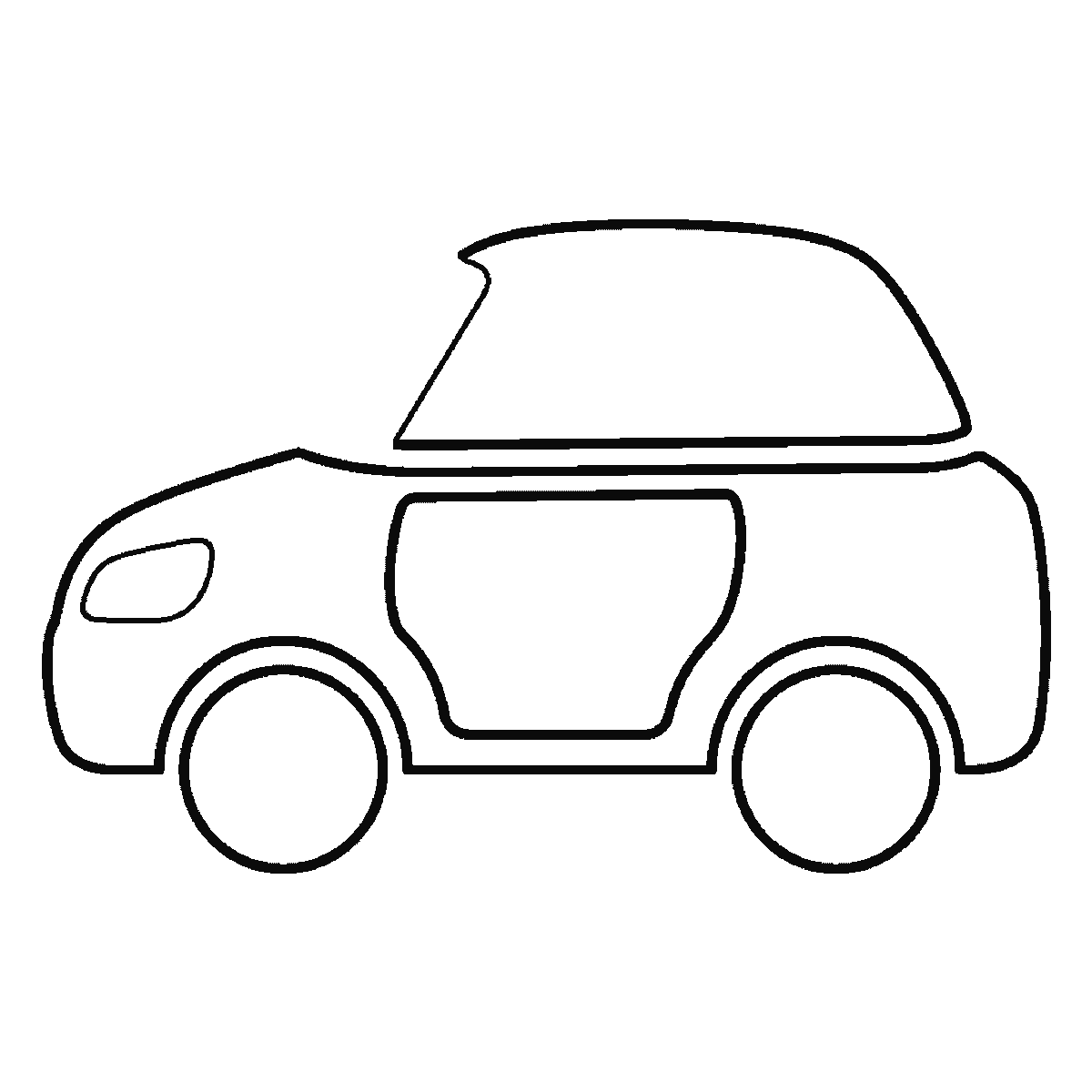 Step 5 of 6: Step-by-step drawing sheet: a small family car seen from the side, built up over six frames from the body to the roof, windows, wheels and lights, black outlines on white