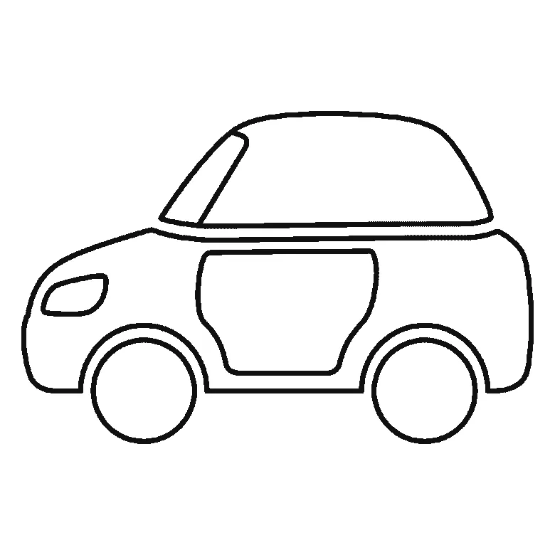 Step-by-step drawing sheet: a small family car seen from the side, built up over six frames from the body to the roof, windows, wheels and lights, black outlines on white