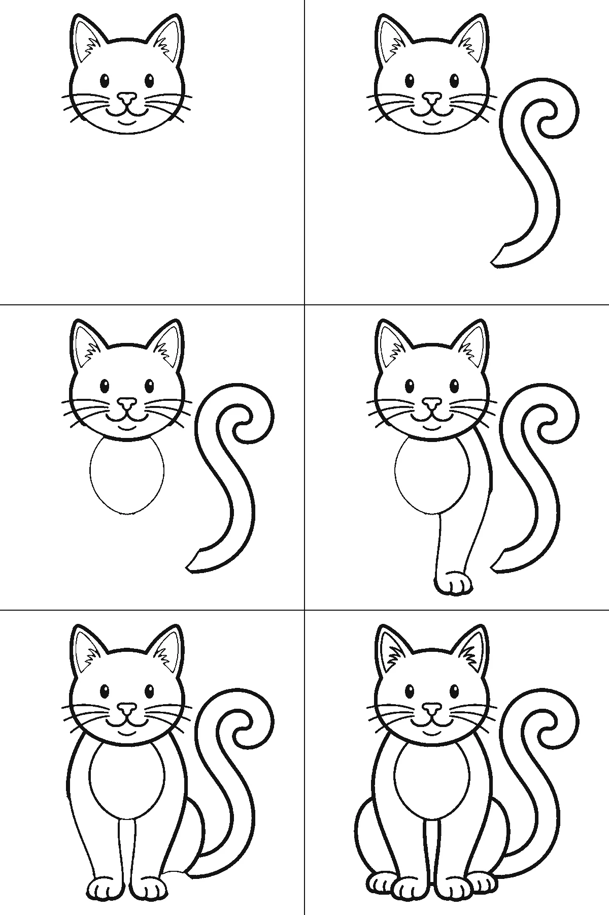 Step-by-step drawing sheet: a cat sitting upright seen from the front, built up over six frames from the complete head — ears, eyes, nose and whiskers — to the curled tail, the body, the front legs and the paws, black outlines on white