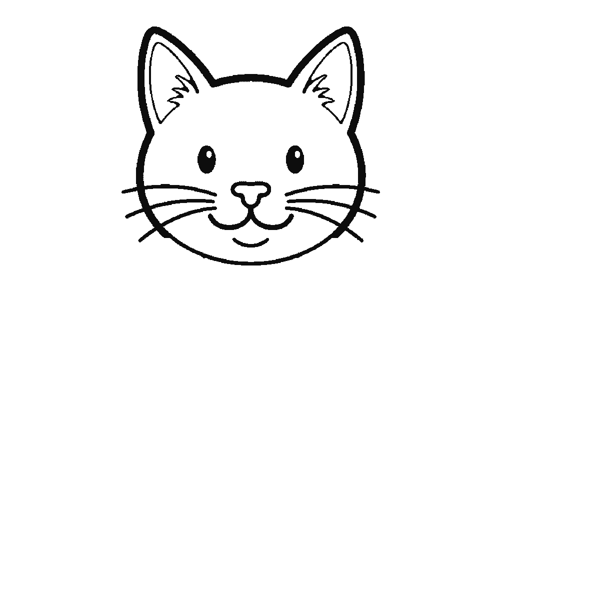 Step 1 of 6: Step-by-step drawing sheet: a cat sitting upright seen from the front, built up over six frames from the complete head — ears, eyes, nose and whiskers — to the curled tail, the body, the front legs and the paws, black outlines on white