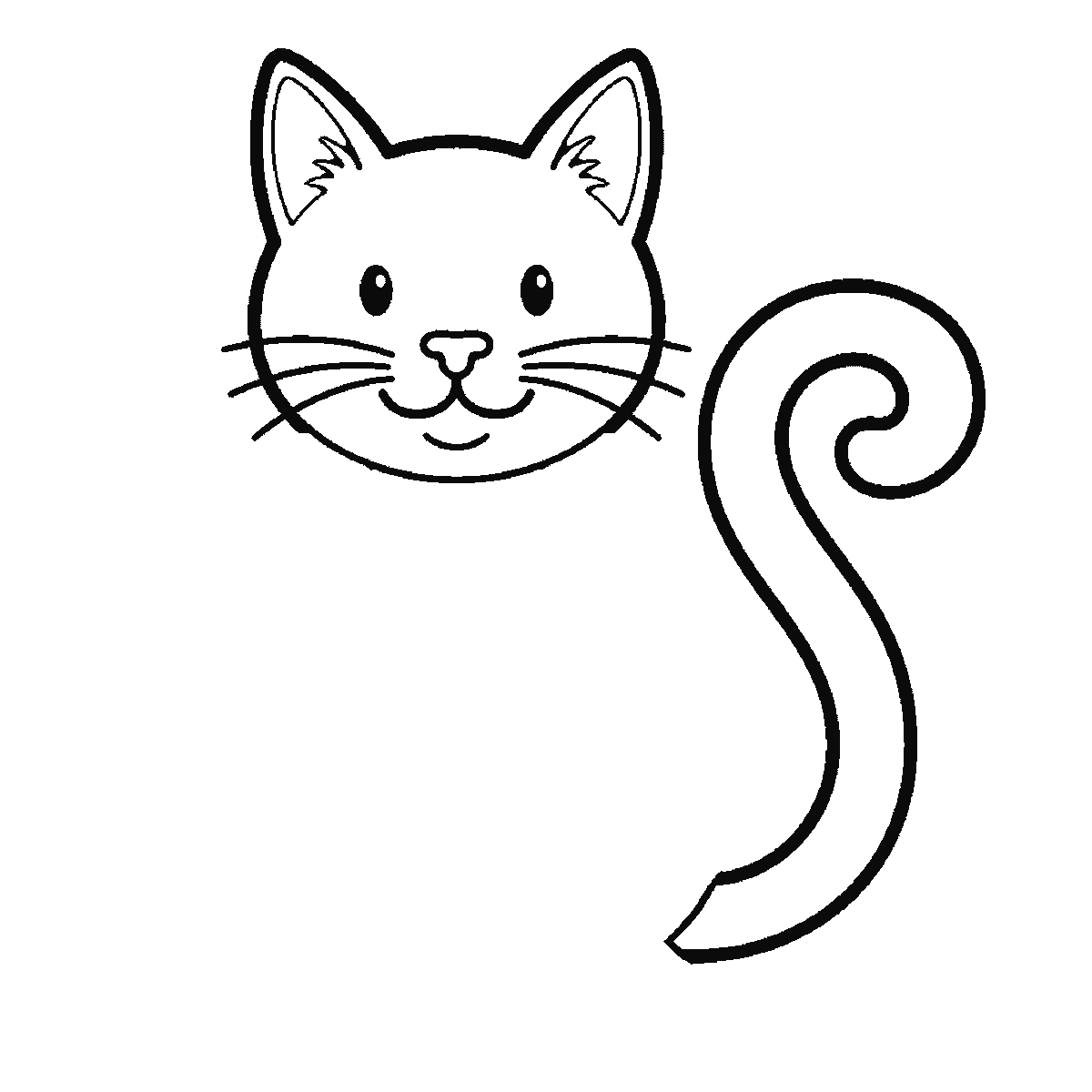 Step 2 of 6: Step-by-step drawing sheet: a cat sitting upright seen from the front, built up over six frames from the complete head — ears, eyes, nose and whiskers — to the curled tail, the body, the front legs and the paws, black outlines on white