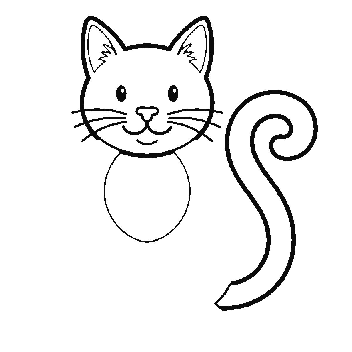 Step 3 of 6: Step-by-step drawing sheet: a cat sitting upright seen from the front, built up over six frames from the complete head — ears, eyes, nose and whiskers — to the curled tail, the body, the front legs and the paws, black outlines on white