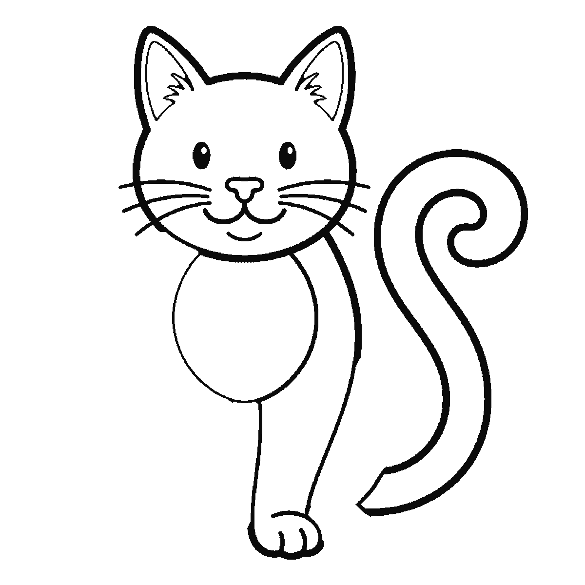 Step 4 of 6: Step-by-step drawing sheet: a cat sitting upright seen from the front, built up over six frames from the complete head — ears, eyes, nose and whiskers — to the curled tail, the body, the front legs and the paws, black outlines on white