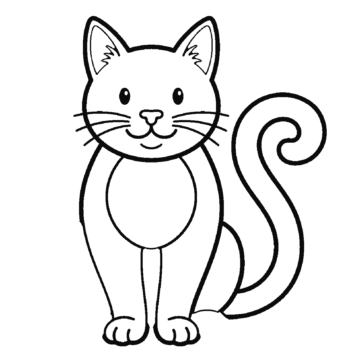 Step 5 of 6: Step-by-step drawing sheet: a cat sitting upright seen from the front, built up over six frames from the complete head — ears, eyes, nose and whiskers — to the curled tail, the body, the front legs and the paws, black outlines on white
