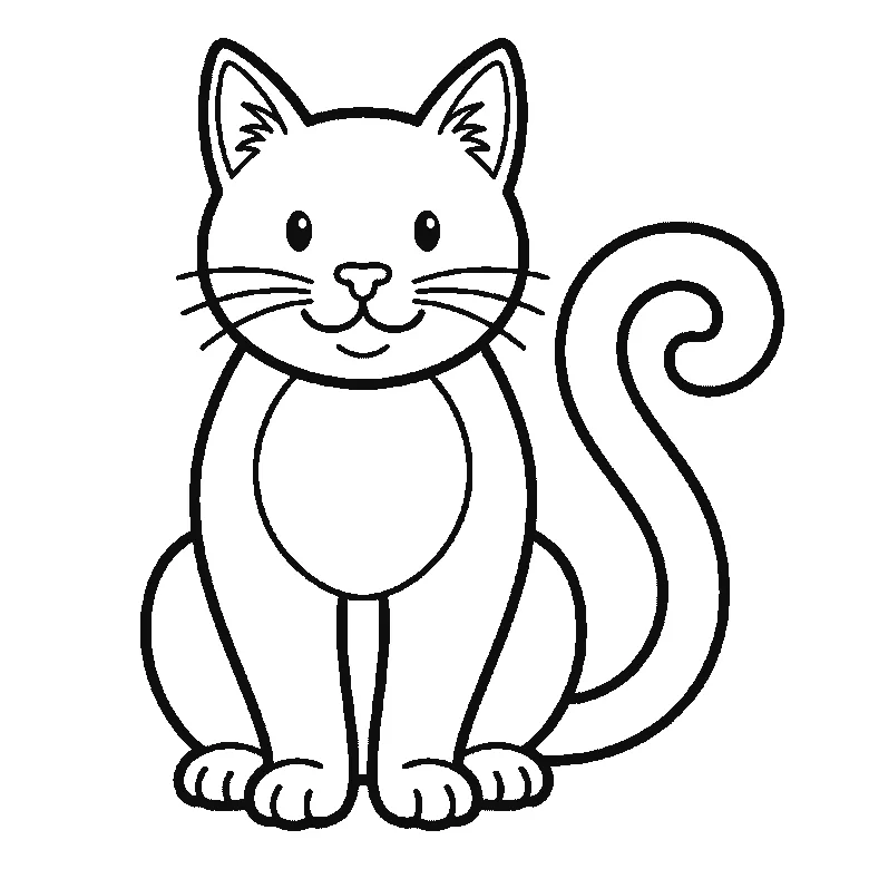 Step-by-step drawing sheet: a cat sitting upright seen from the front, built up over six frames from the complete head — ears, eyes, nose and whiskers — to the curled tail, the body, the front legs and the paws, black outlines on white