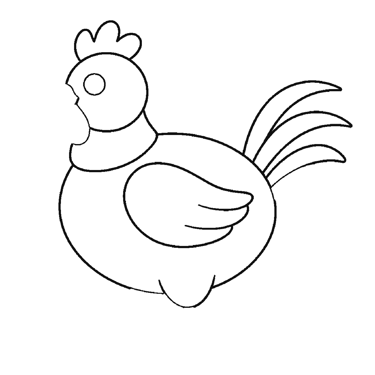 Step 4 of 6: Step-by-step drawing sheet: a plump hen standing side-on, built up over six frames from the body alone to the head and folded wing, then the neck, the comb and the legs, with the beak, wattle and eye last, black outlines on white