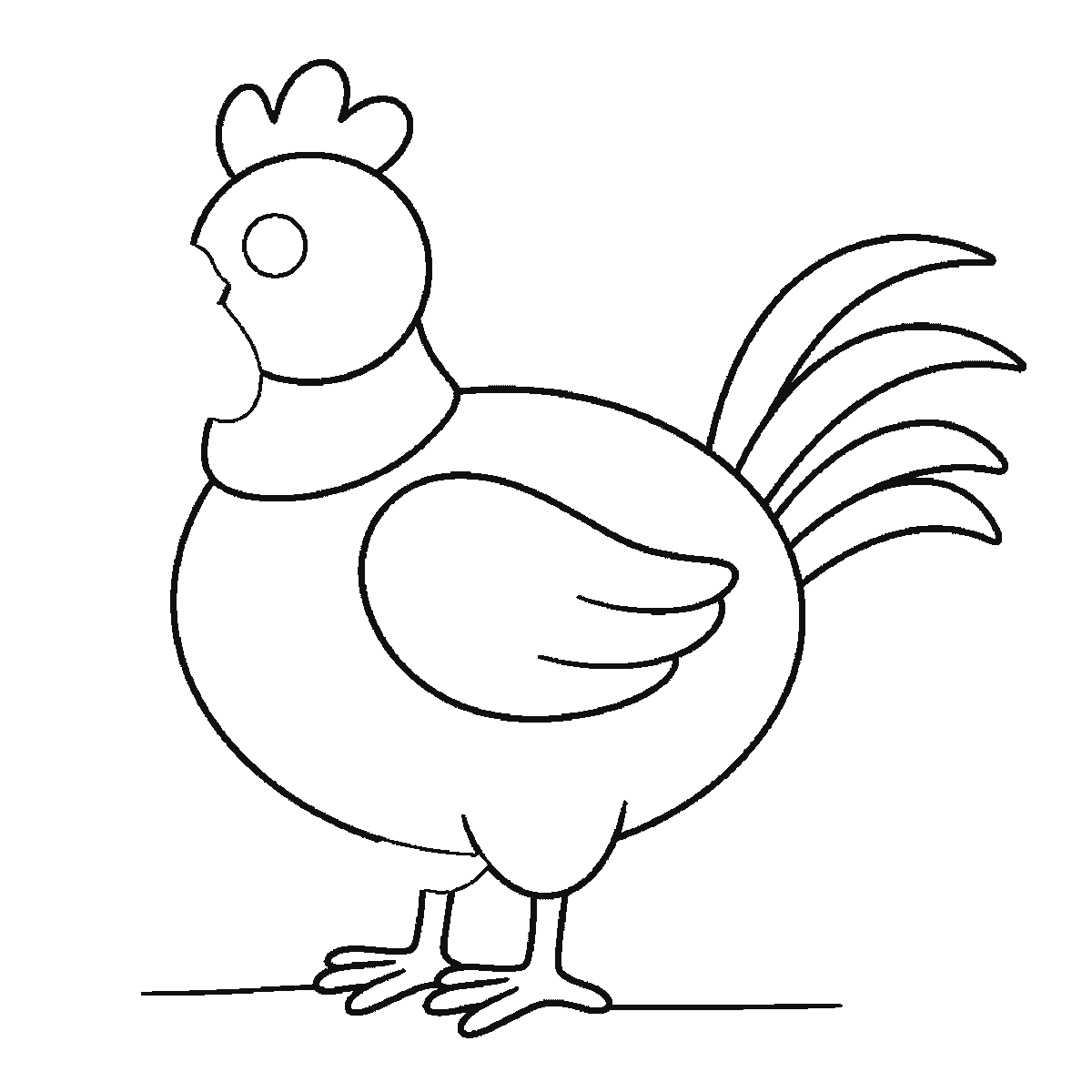 Step 5 of 6: Step-by-step drawing sheet: a plump hen standing side-on, built up over six frames from the body alone to the head and folded wing, then the neck, the comb and the legs, with the beak, wattle and eye last, black outlines on white