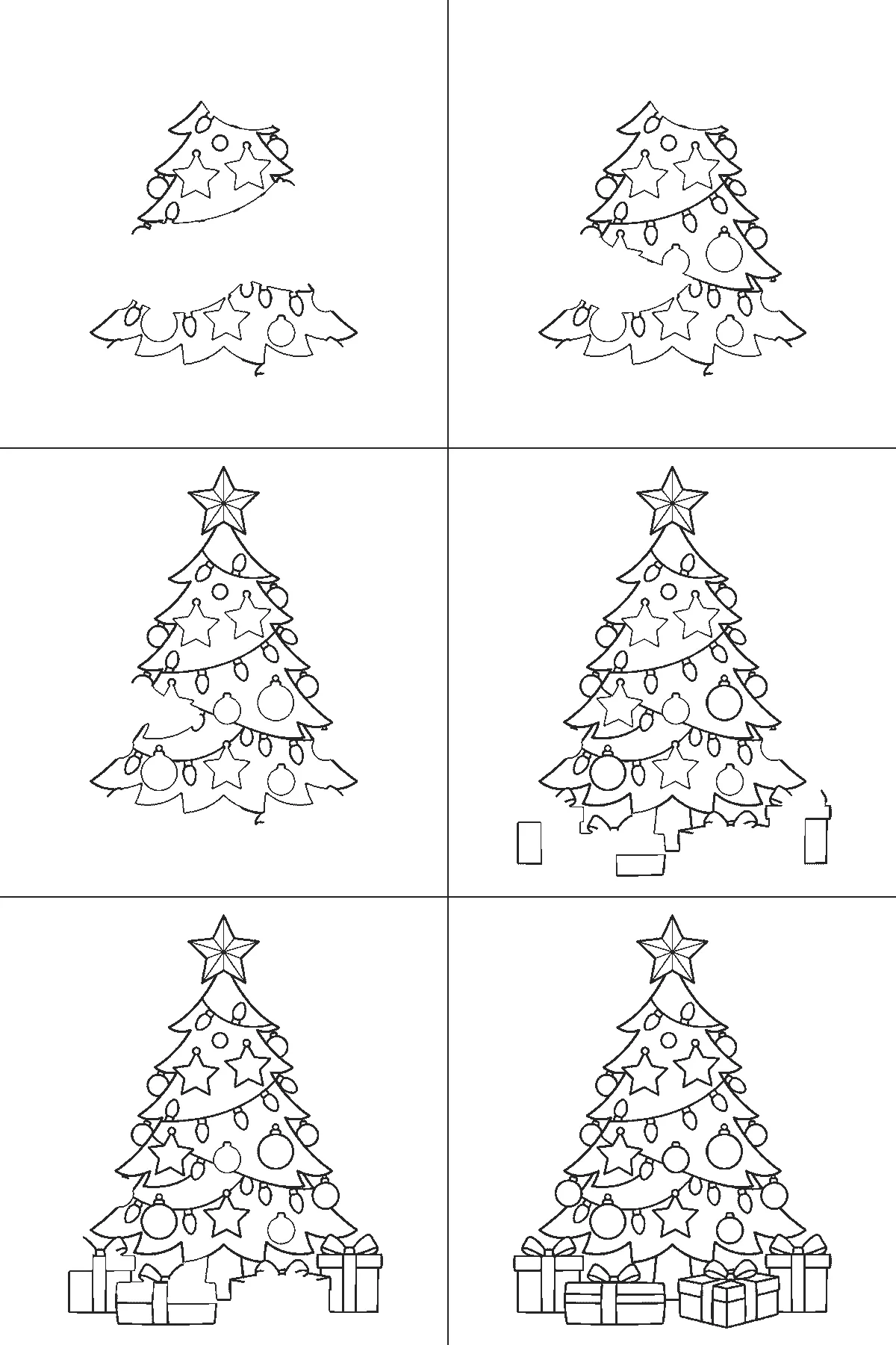 Step-by-step drawing sheet: a decorated Christmas tree with baubles, stars and a light garland, a star on top and wrapped gift boxes underneath, built up over six frames from the widest branch tiers to the star, and the presents last, black outlines on white