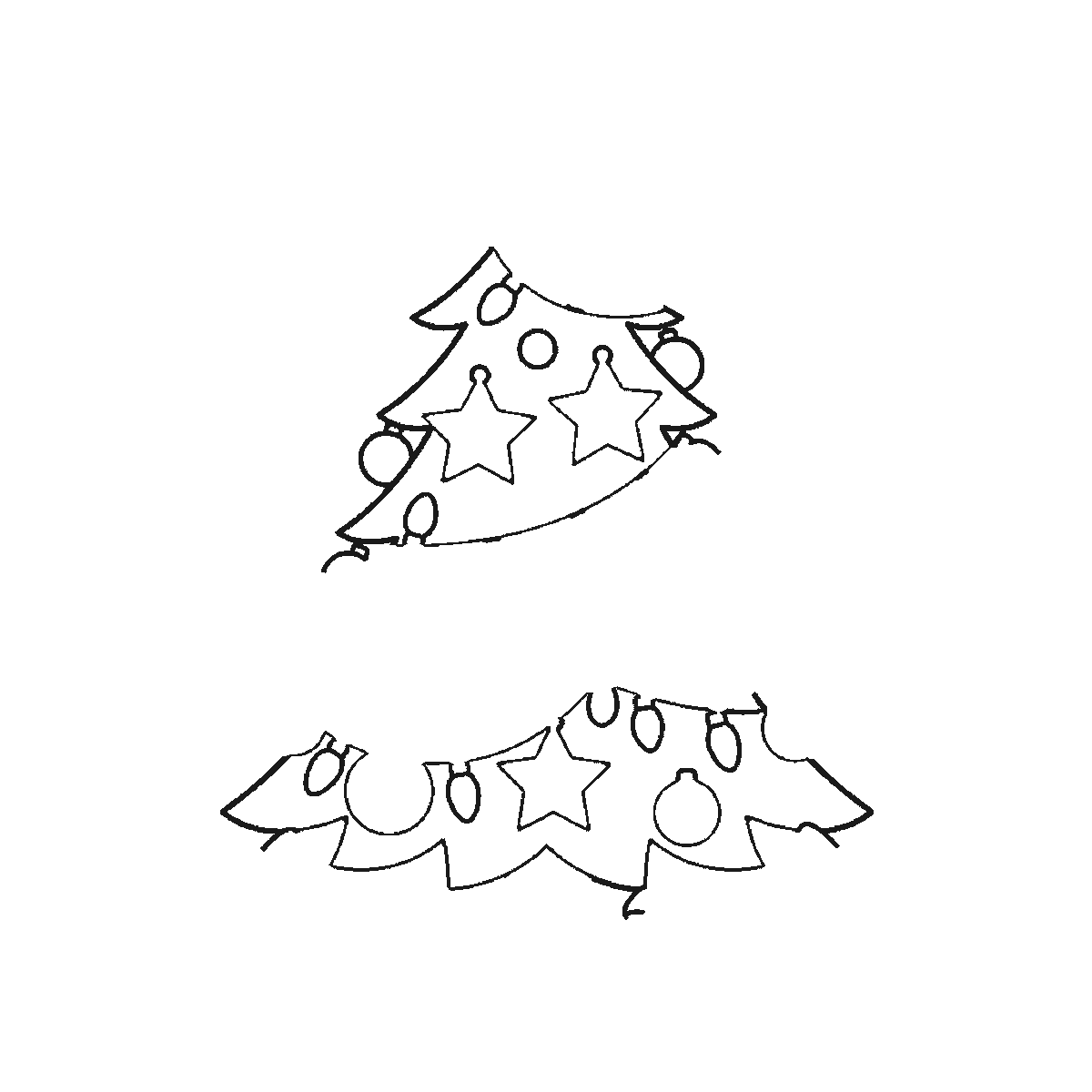 Step 1 of 6: Step-by-step drawing sheet: a decorated Christmas tree with baubles, stars and a light garland, a star on top and wrapped gift boxes underneath, built up over six frames from the widest branch tiers to the star, and the presents last, black outlines on white