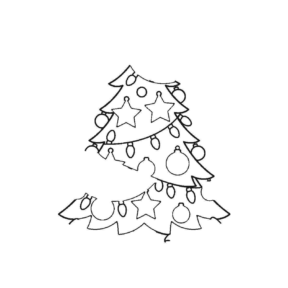 Step 2 of 6: Step-by-step drawing sheet: a decorated Christmas tree with baubles, stars and a light garland, a star on top and wrapped gift boxes underneath, built up over six frames from the widest branch tiers to the star, and the presents last, black outlines on white