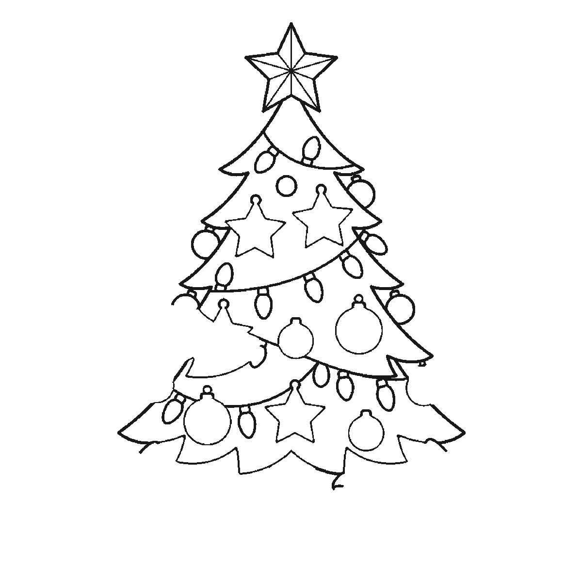 Step 3 of 6: Step-by-step drawing sheet: a decorated Christmas tree with baubles, stars and a light garland, a star on top and wrapped gift boxes underneath, built up over six frames from the widest branch tiers to the star, and the presents last, black outlines on white