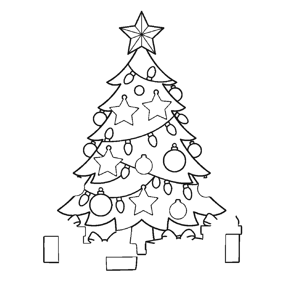 Step 4 of 6: Step-by-step drawing sheet: a decorated Christmas tree with baubles, stars and a light garland, a star on top and wrapped gift boxes underneath, built up over six frames from the widest branch tiers to the star, and the presents last, black outlines on white