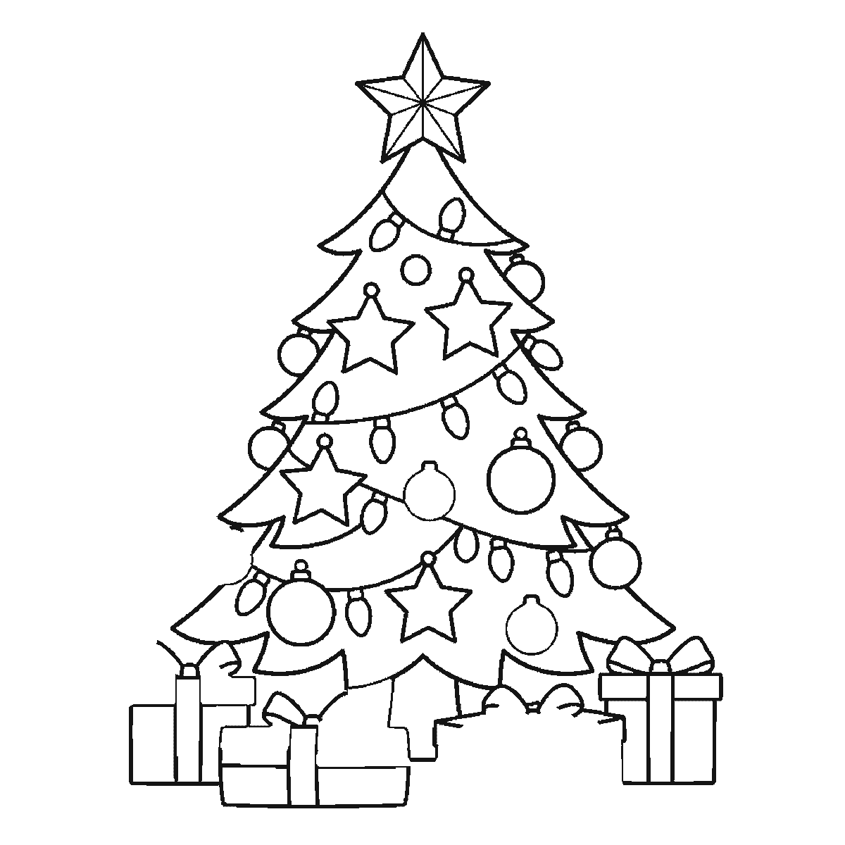 Step 5 of 6: Step-by-step drawing sheet: a decorated Christmas tree with baubles, stars and a light garland, a star on top and wrapped gift boxes underneath, built up over six frames from the widest branch tiers to the star, and the presents last, black outlines on white