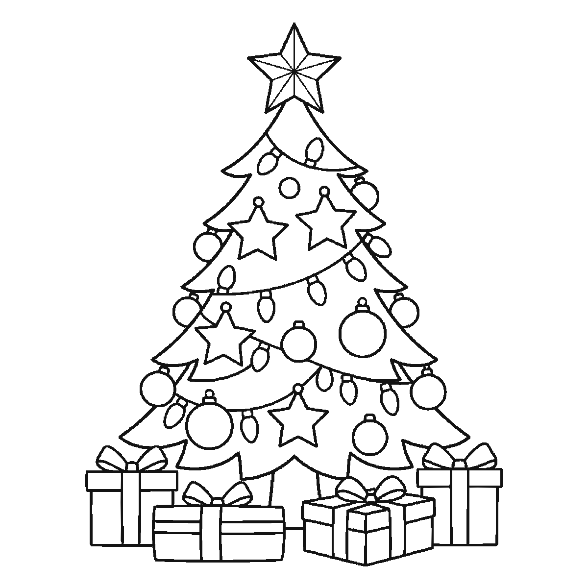 Step 6 of 6: Step-by-step drawing sheet: a decorated Christmas tree with baubles, stars and a light garland, a star on top and wrapped gift boxes underneath, built up over six frames from the widest branch tiers to the star, and the presents last, black outlines on white
