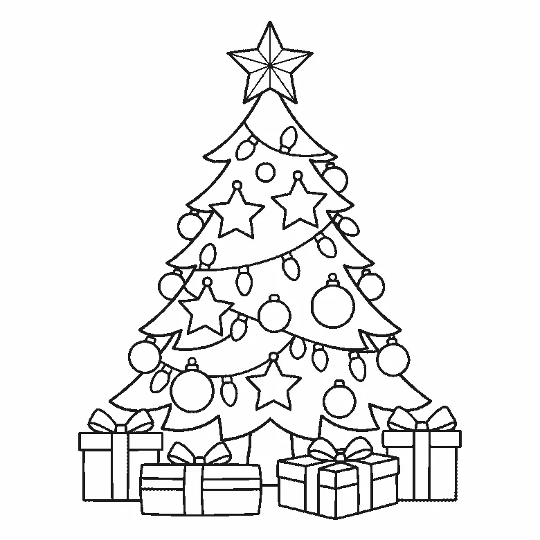Step-by-step drawing sheet: a decorated Christmas tree with baubles, stars and a light garland, a star on top and wrapped gift boxes underneath, built up over six frames from the widest branch tiers to the star, and the presents last, black outlines on white