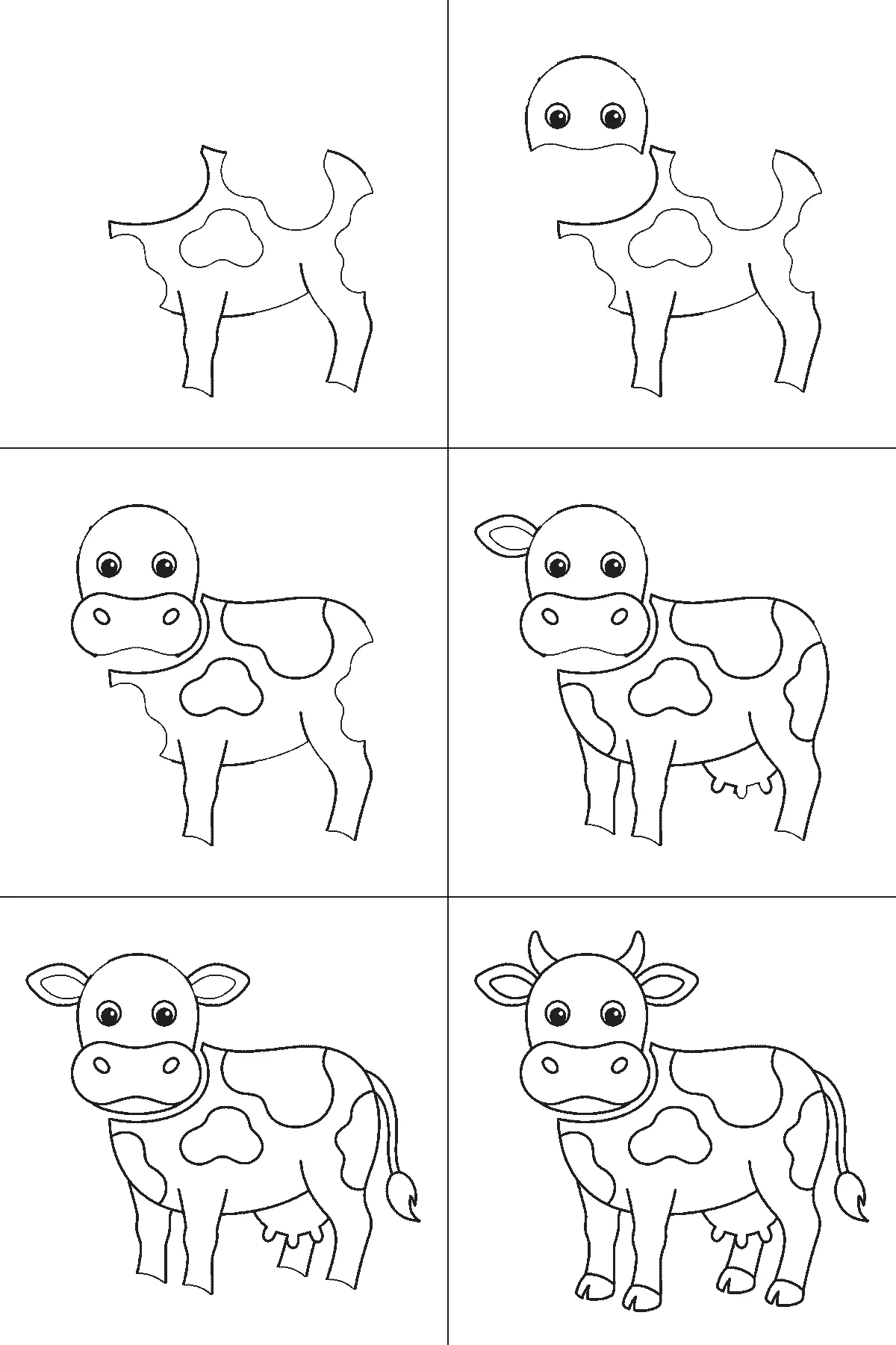 Step-by-step drawing sheet: a cow standing and seen from the front, built up over six frames from the patched body and legs to the head, muzzle and horns, black outlines on white