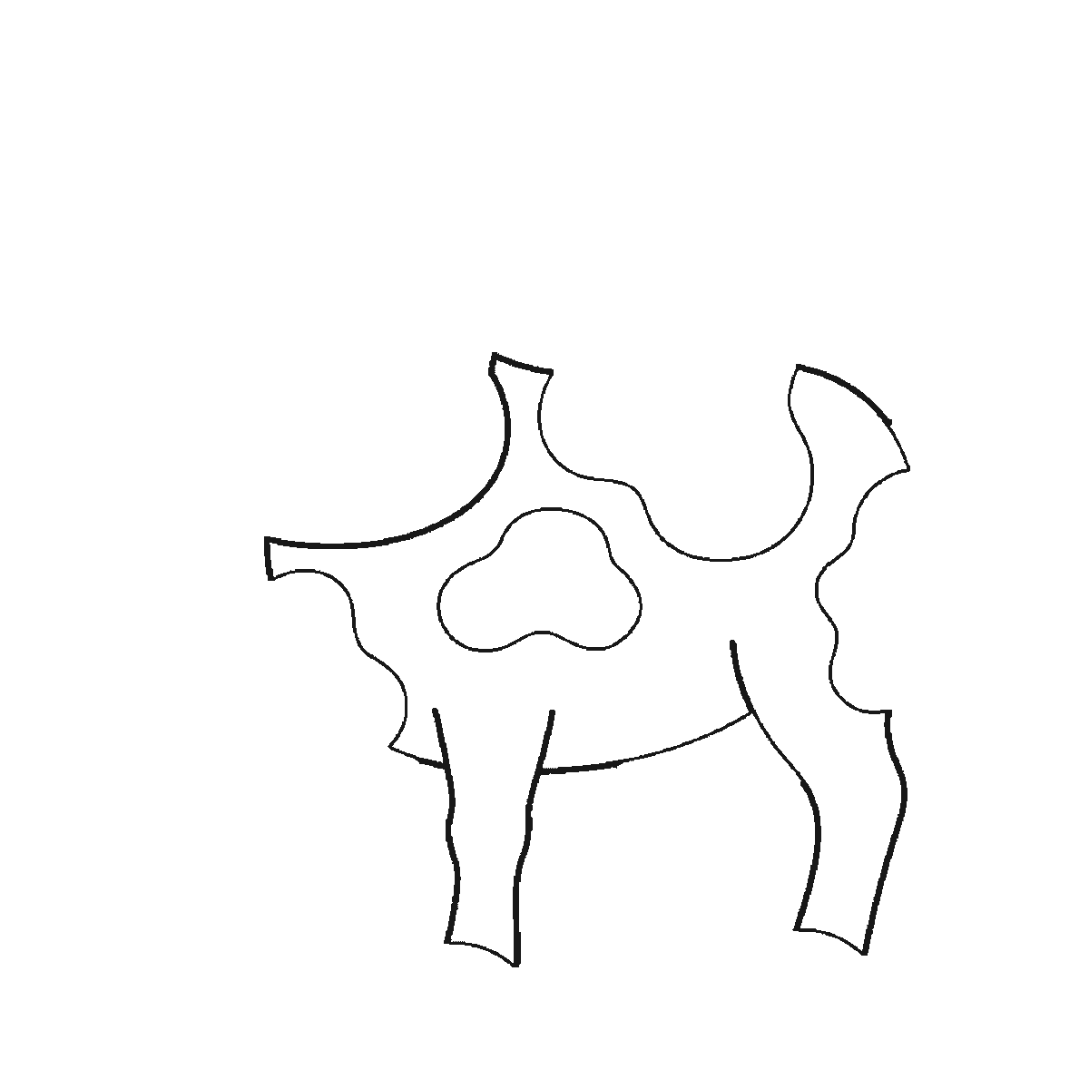 Step 1 of 6: Step-by-step drawing sheet: a cow standing and seen from the front, built up over six frames from the patched body and legs to the head, muzzle and horns, black outlines on white