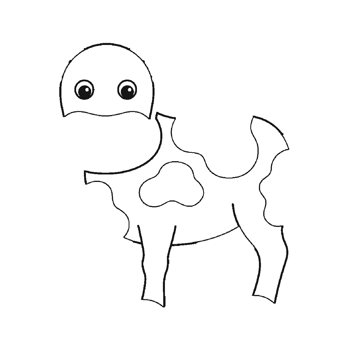 Step 2 of 6: Step-by-step drawing sheet: a cow standing and seen from the front, built up over six frames from the patched body and legs to the head, muzzle and horns, black outlines on white