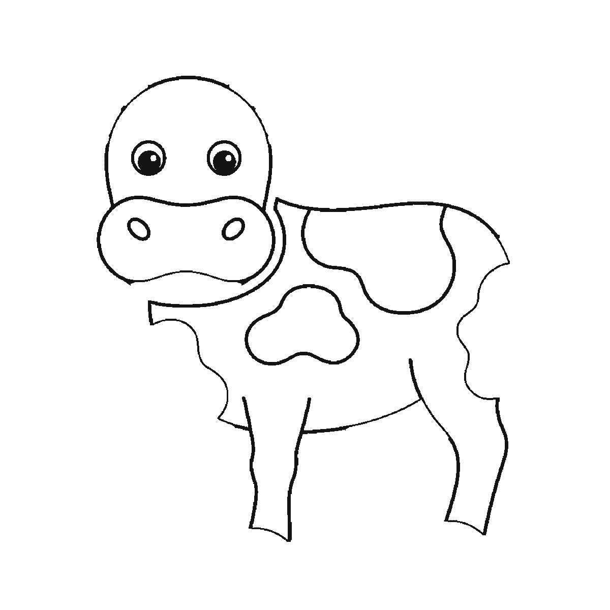 Step 3 of 6: Step-by-step drawing sheet: a cow standing and seen from the front, built up over six frames from the patched body and legs to the head, muzzle and horns, black outlines on white