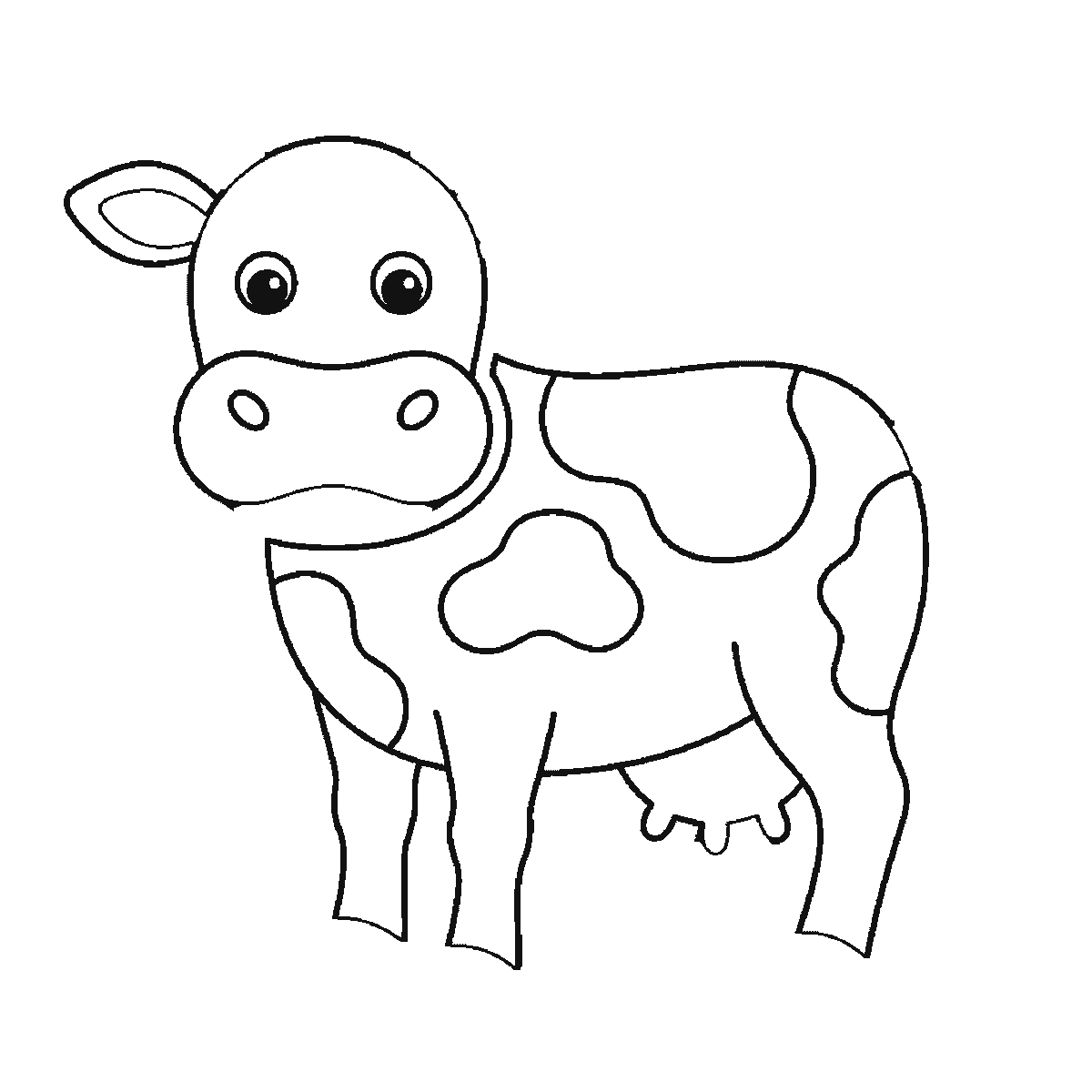 Step 4 of 6: Step-by-step drawing sheet: a cow standing and seen from the front, built up over six frames from the patched body and legs to the head, muzzle and horns, black outlines on white
