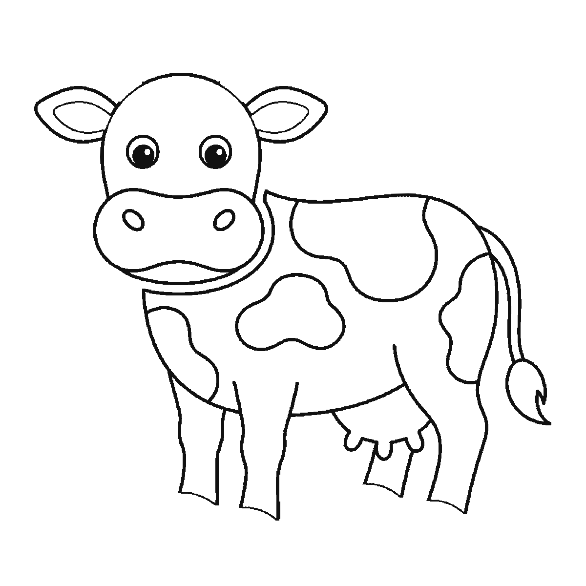 Step 5 of 6: Step-by-step drawing sheet: a cow standing and seen from the front, built up over six frames from the patched body and legs to the head, muzzle and horns, black outlines on white