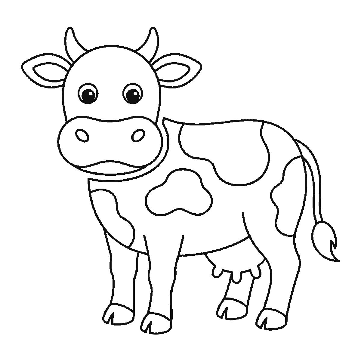 Step 6 of 6: Step-by-step drawing sheet: a cow standing and seen from the front, built up over six frames from the patched body and legs to the head, muzzle and horns, black outlines on white