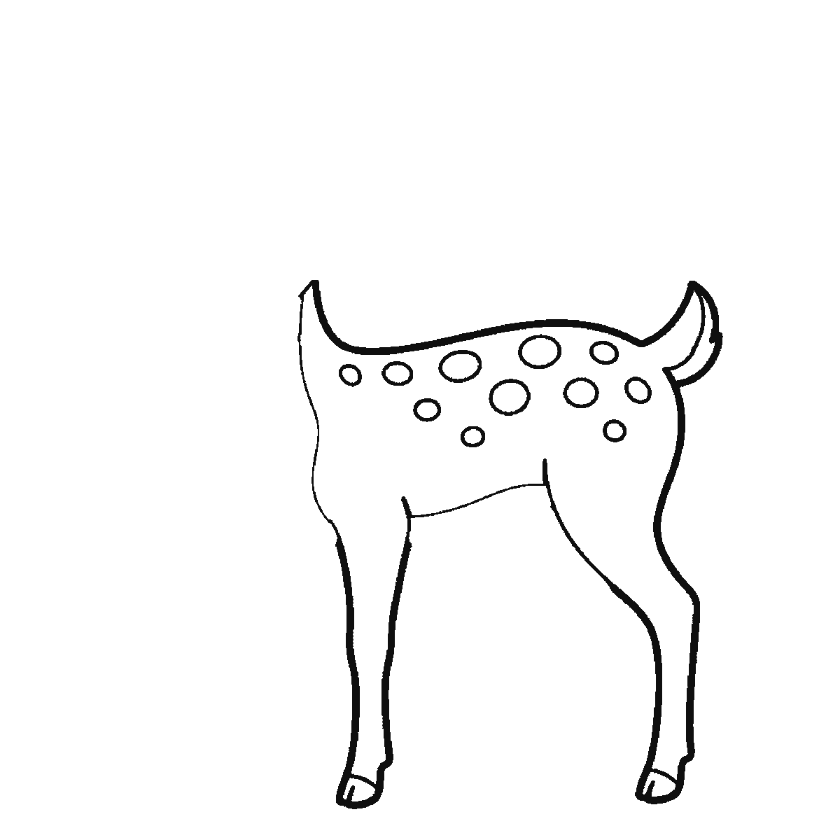 Step 1 of 6: Step-by-step drawing sheet: a young deer standing side-on, built up over six frames from the spotted body with no head to the ears and head outline, then the neck and the far legs, with the whole face — eyes, mask, nose and mouth — last, black outlines on white