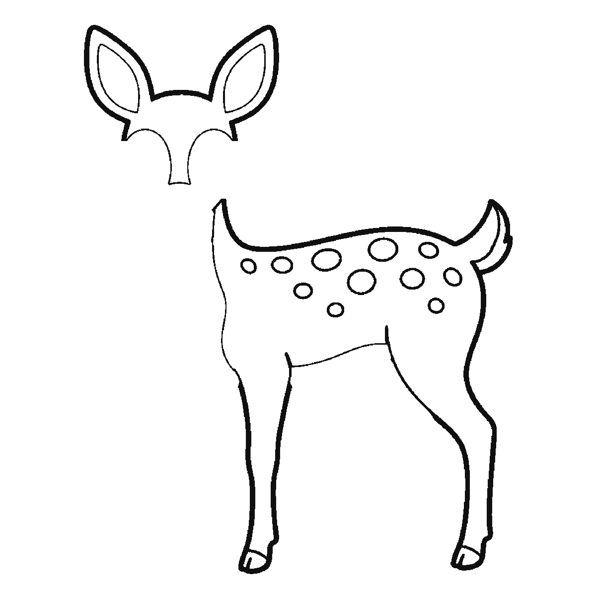 Step 2 of 6: Step-by-step drawing sheet: a young deer standing side-on, built up over six frames from the spotted body with no head to the ears and head outline, then the neck and the far legs, with the whole face — eyes, mask, nose and mouth — last, black outlines on white