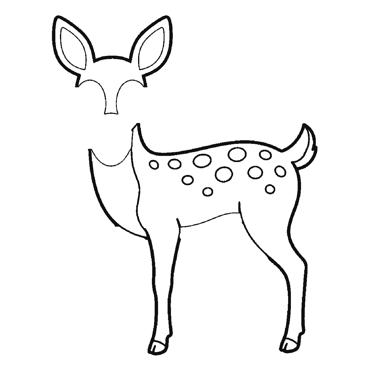 Step 3 of 6: Step-by-step drawing sheet: a young deer standing side-on, built up over six frames from the spotted body with no head to the ears and head outline, then the neck and the far legs, with the whole face — eyes, mask, nose and mouth — last, black outlines on white