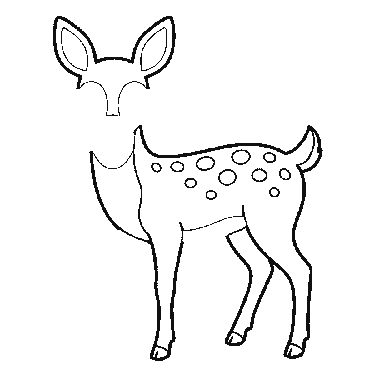 Step 4 of 6: Step-by-step drawing sheet: a young deer standing side-on, built up over six frames from the spotted body with no head to the ears and head outline, then the neck and the far legs, with the whole face — eyes, mask, nose and mouth — last, black outlines on white