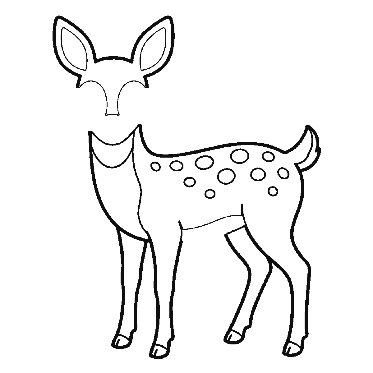 Step 5 of 6: Step-by-step drawing sheet: a young deer standing side-on, built up over six frames from the spotted body with no head to the ears and head outline, then the neck and the far legs, with the whole face — eyes, mask, nose and mouth — last, black outlines on white