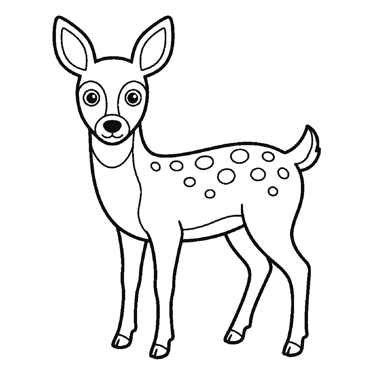 Step 6 of 6: Step-by-step drawing sheet: a young deer standing side-on, built up over six frames from the spotted body with no head to the ears and head outline, then the neck and the far legs, with the whole face — eyes, mask, nose and mouth — last, black outlines on white