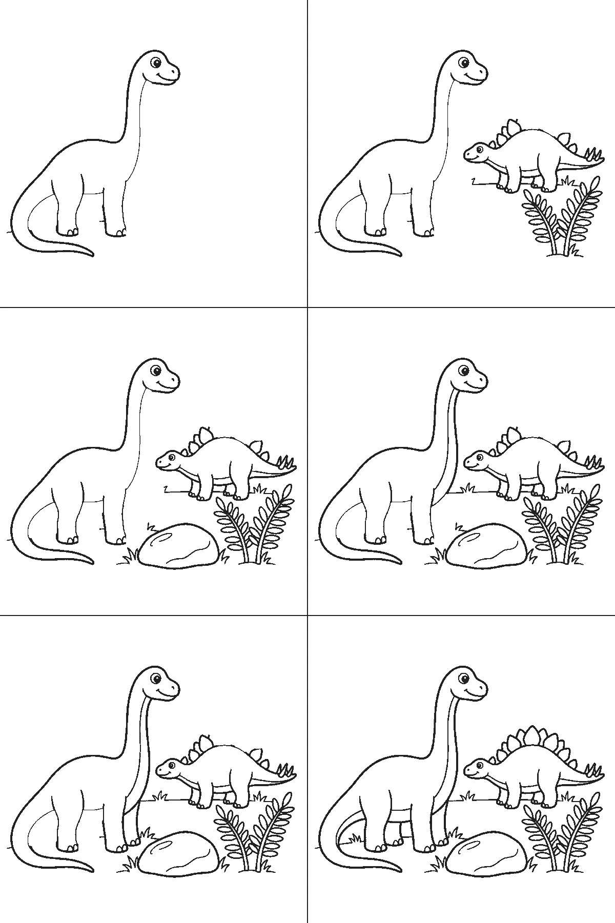 Step-by-step drawing sheet: a long-necked dinosaur standing in profile with a smaller plated dinosaur behind it, a boulder, ferns and grass, built up over six frames from the whole long-necked animal to the plated one, the rock, the plants and the far legs, black outlines on white