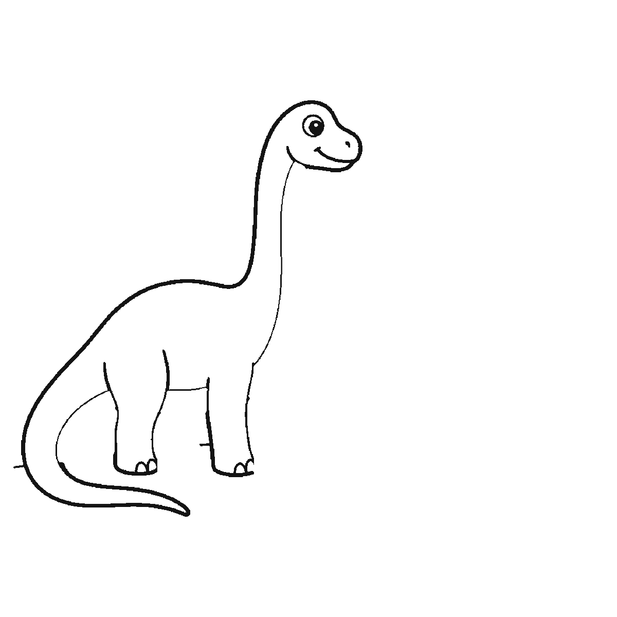 Step 1 of 6: Step-by-step drawing sheet: a long-necked dinosaur standing in profile with a smaller plated dinosaur behind it, a boulder, ferns and grass, built up over six frames from the whole long-necked animal to the plated one, the rock, the plants and the far legs, black outlines on white