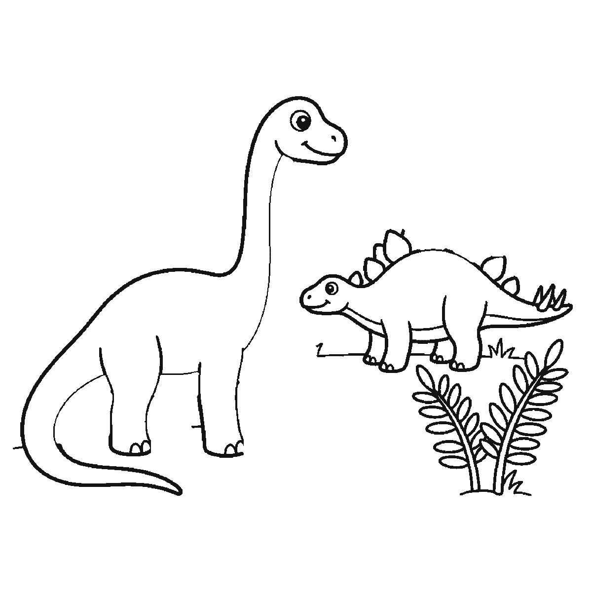 Step 2 of 6: Step-by-step drawing sheet: a long-necked dinosaur standing in profile with a smaller plated dinosaur behind it, a boulder, ferns and grass, built up over six frames from the whole long-necked animal to the plated one, the rock, the plants and the far legs, black outlines on white