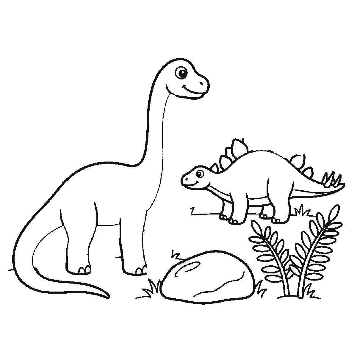 Step 3 of 6: Step-by-step drawing sheet: a long-necked dinosaur standing in profile with a smaller plated dinosaur behind it, a boulder, ferns and grass, built up over six frames from the whole long-necked animal to the plated one, the rock, the plants and the far legs, black outlines on white