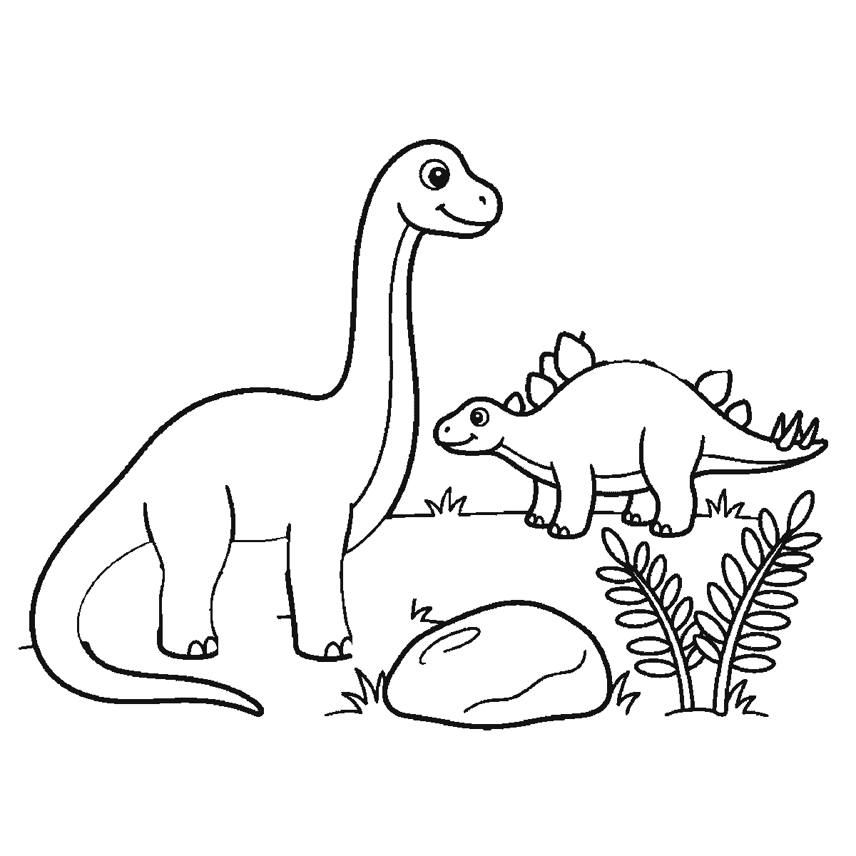 Step 4 of 6: Step-by-step drawing sheet: a long-necked dinosaur standing in profile with a smaller plated dinosaur behind it, a boulder, ferns and grass, built up over six frames from the whole long-necked animal to the plated one, the rock, the plants and the far legs, black outlines on white