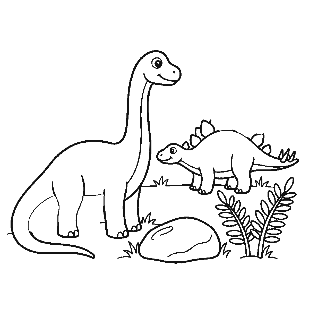 Step 5 of 6: Step-by-step drawing sheet: a long-necked dinosaur standing in profile with a smaller plated dinosaur behind it, a boulder, ferns and grass, built up over six frames from the whole long-necked animal to the plated one, the rock, the plants and the far legs, black outlines on white