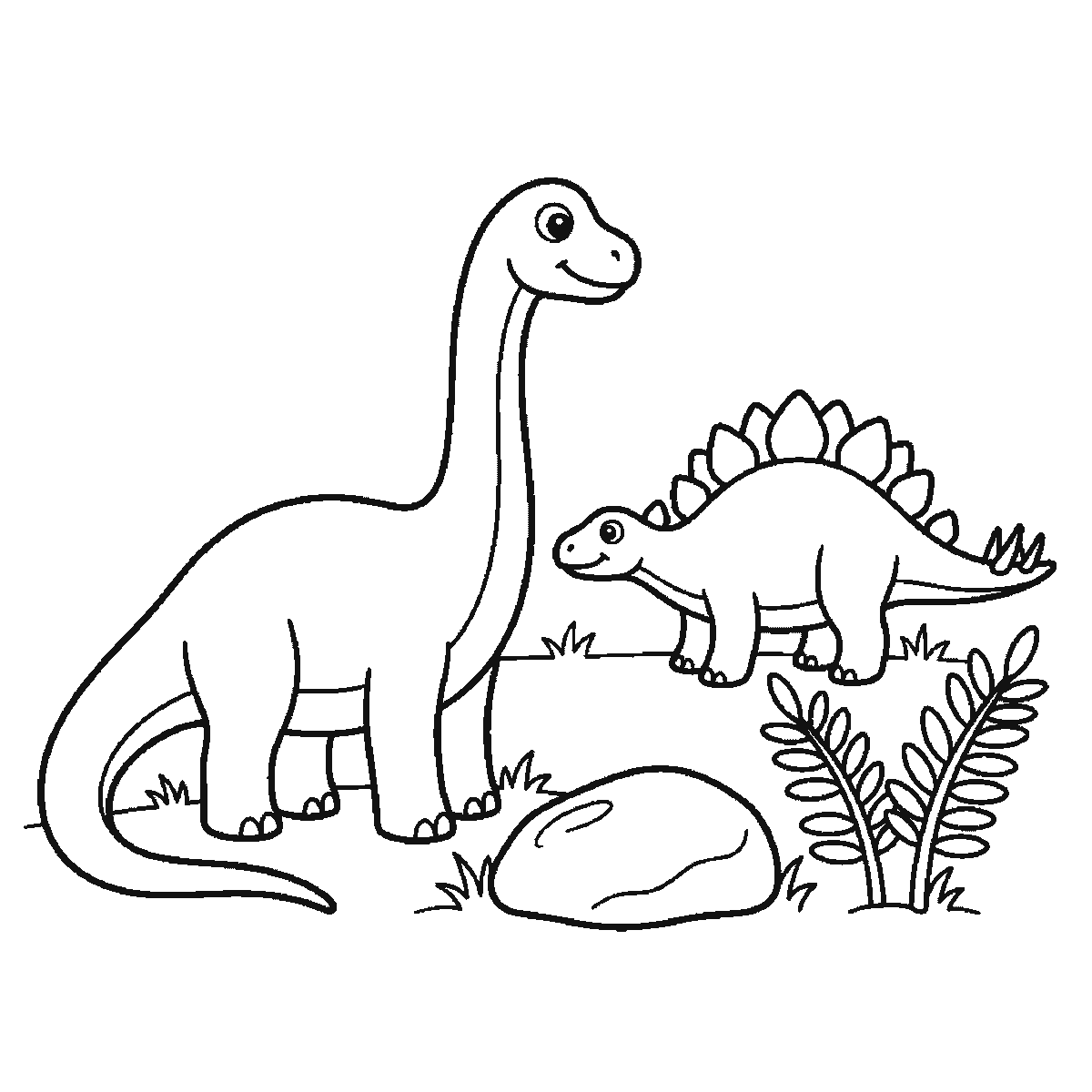 Step 6 of 6: Step-by-step drawing sheet: a long-necked dinosaur standing in profile with a smaller plated dinosaur behind it, a boulder, ferns and grass, built up over six frames from the whole long-necked animal to the plated one, the rock, the plants and the far legs, black outlines on white