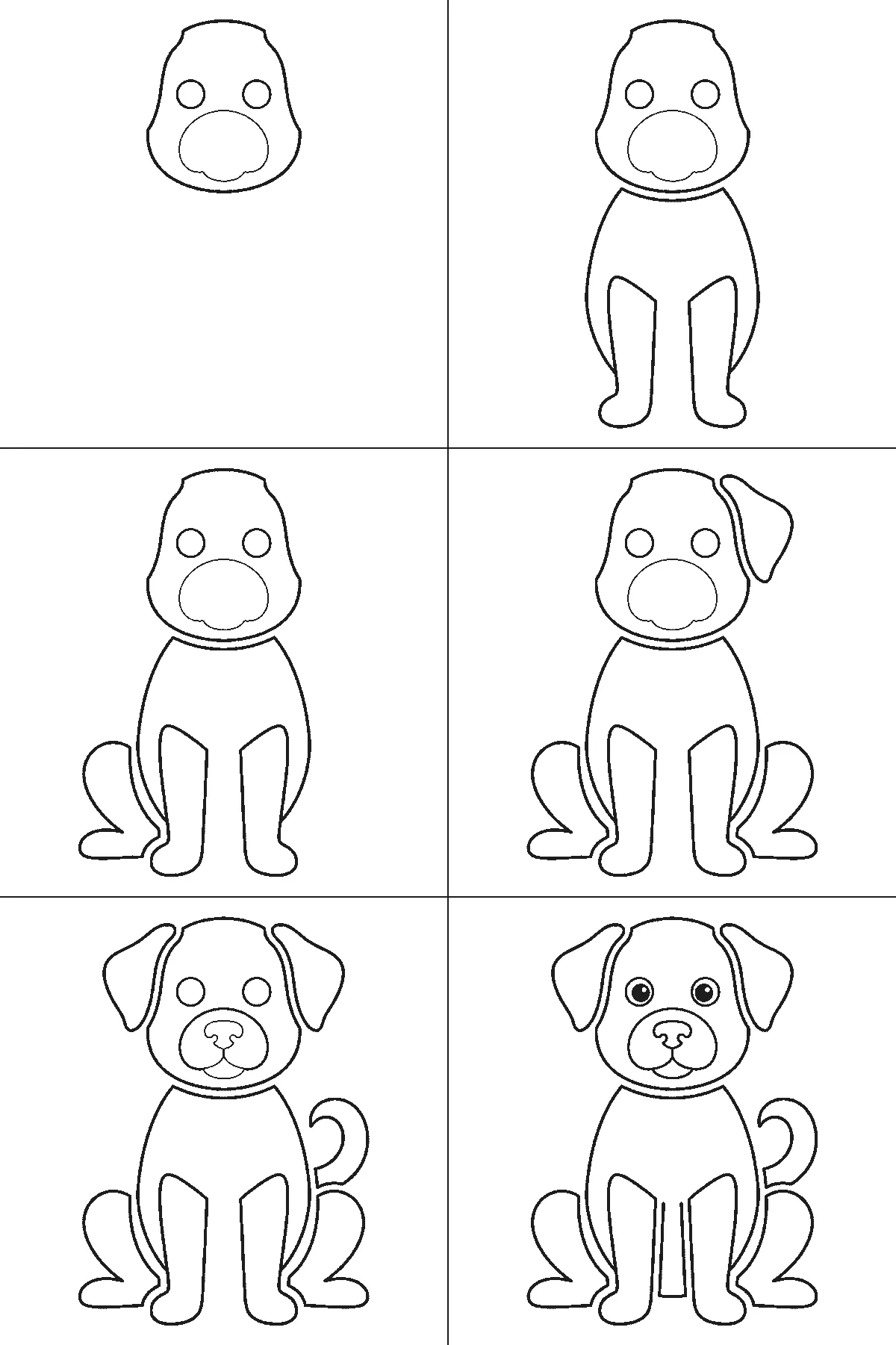 Step-by-step drawing sheet: a dog sitting upright seen from the front, built up over six frames from the head alone to the body and front legs, then the haunches, the two floppy ears, the curled tail and the eyes, black outlines on white