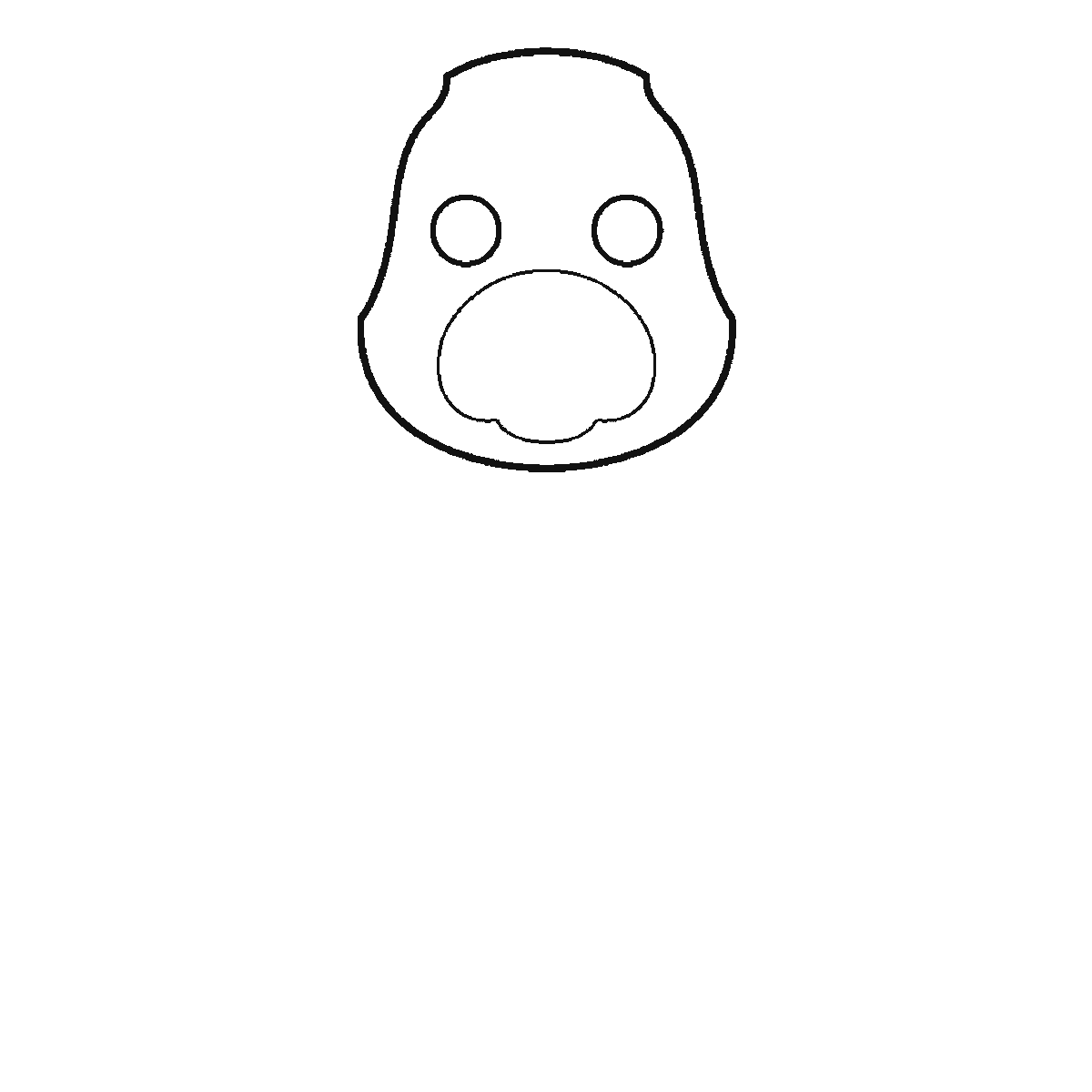 Step 1 of 6: Step-by-step drawing sheet: a dog sitting upright seen from the front, built up over six frames from the head alone to the body and front legs, then the haunches, the two floppy ears, the curled tail and the eyes, black outlines on white