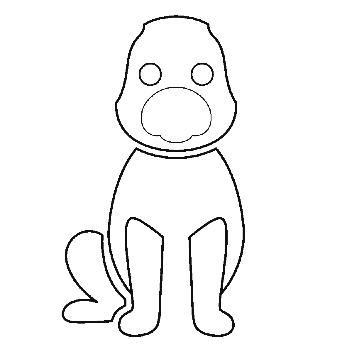 Step 3 of 6: Step-by-step drawing sheet: a dog sitting upright seen from the front, built up over six frames from the head alone to the body and front legs, then the haunches, the two floppy ears, the curled tail and the eyes, black outlines on white