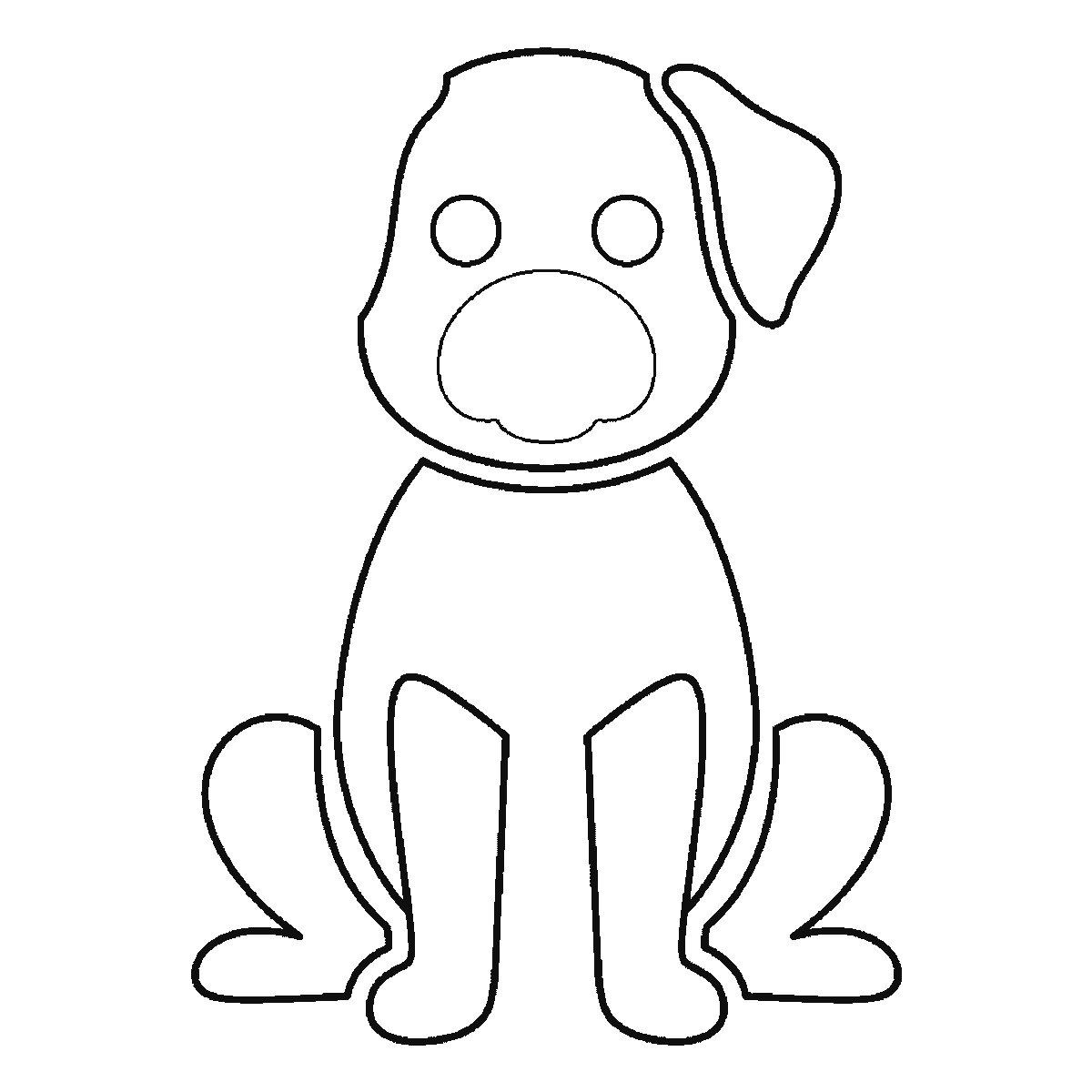 Step 4 of 6: Step-by-step drawing sheet: a dog sitting upright seen from the front, built up over six frames from the head alone to the body and front legs, then the haunches, the two floppy ears, the curled tail and the eyes, black outlines on white
