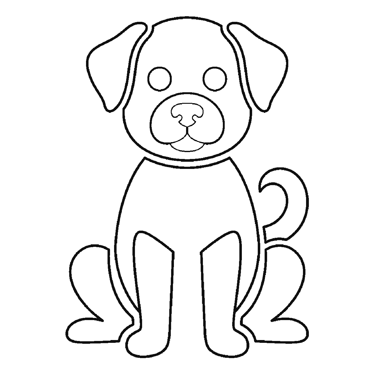 Step 5 of 6: Step-by-step drawing sheet: a dog sitting upright seen from the front, built up over six frames from the head alone to the body and front legs, then the haunches, the two floppy ears, the curled tail and the eyes, black outlines on white