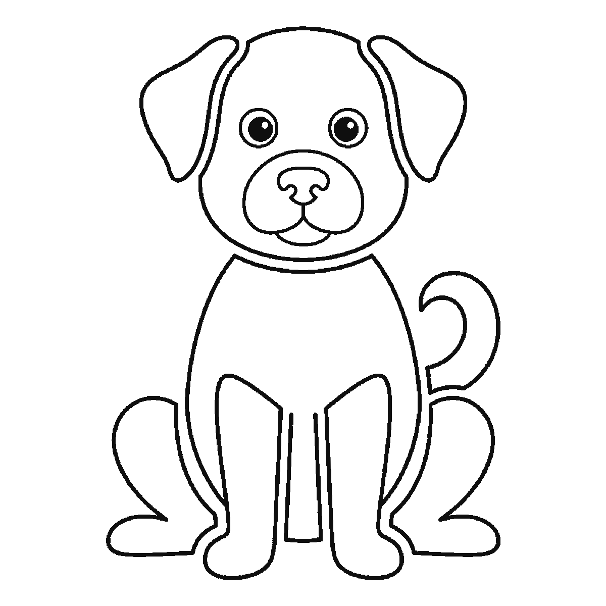 Step 6 of 6: Step-by-step drawing sheet: a dog sitting upright seen from the front, built up over six frames from the head alone to the body and front legs, then the haunches, the two floppy ears, the curled tail and the eyes, black outlines on white