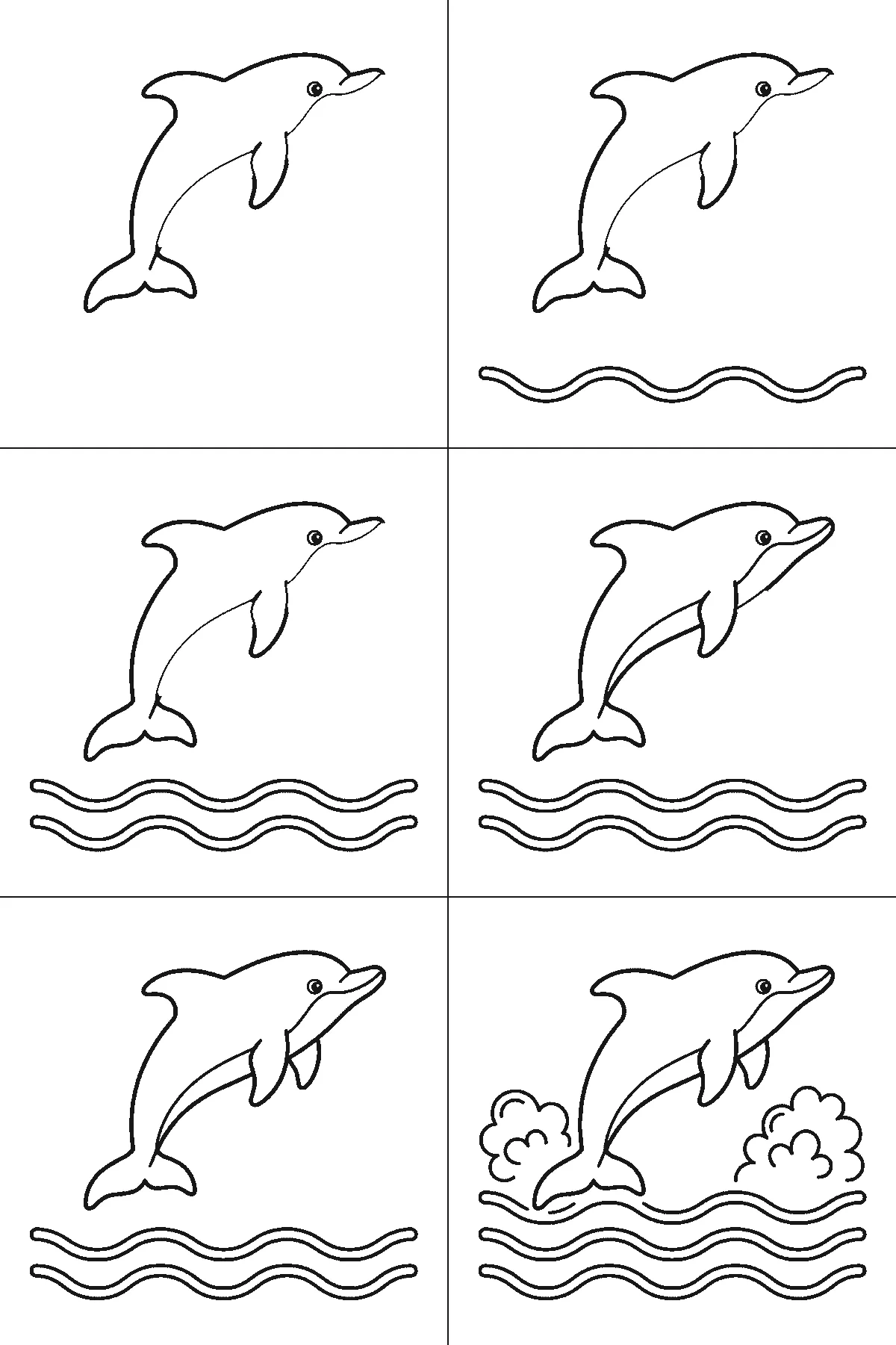 Step-by-step drawing sheet: a dolphin leaping above three wave lines, built up over six frames from the whole animal to the waves and splashes around it, black outlines on white