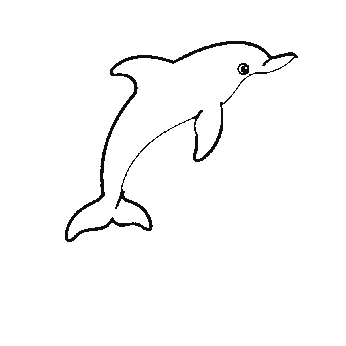 Step 1 of 6: Step-by-step drawing sheet: a dolphin leaping above three wave lines, built up over six frames from the whole animal to the waves and splashes around it, black outlines on white