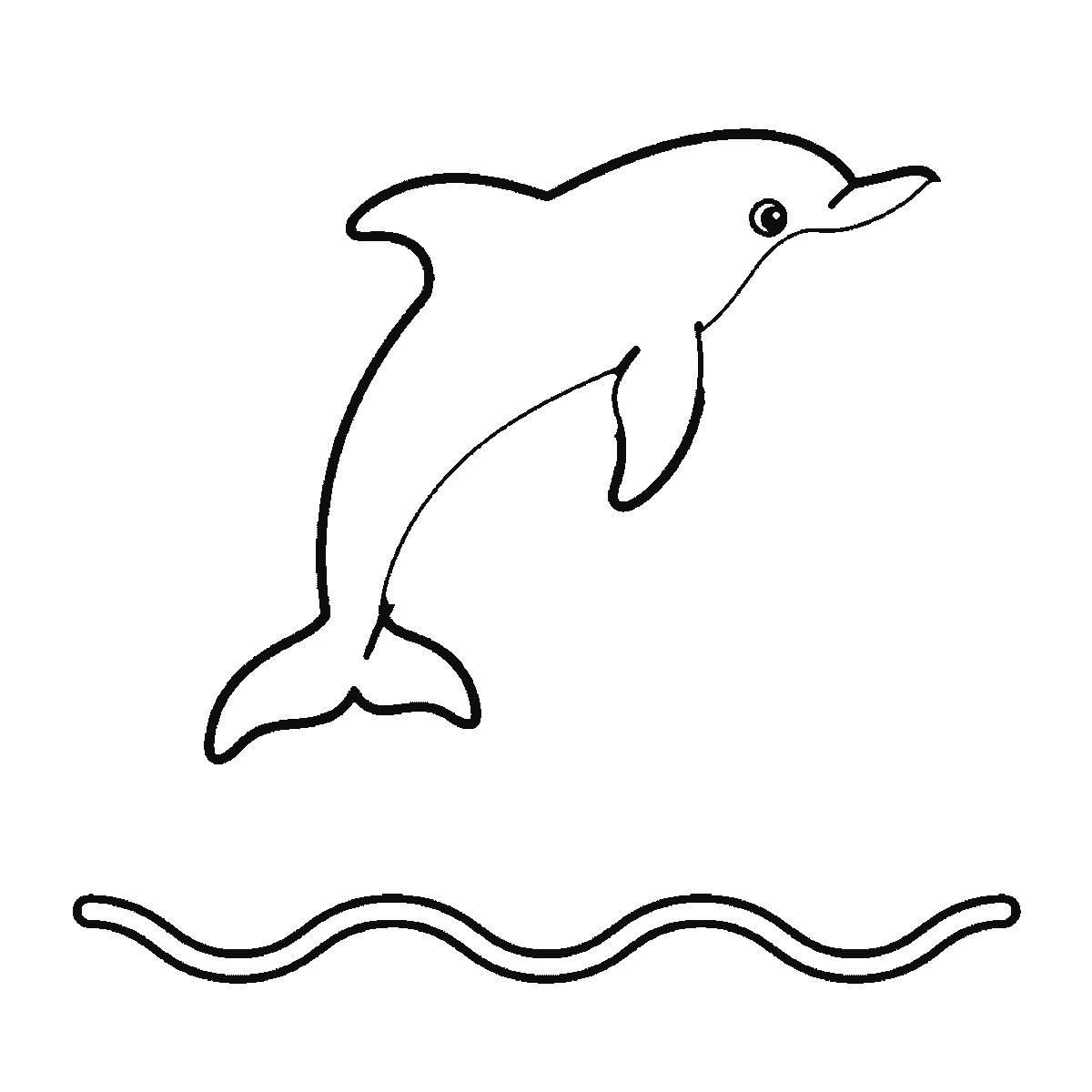 Step 2 of 6: Step-by-step drawing sheet: a dolphin leaping above three wave lines, built up over six frames from the whole animal to the waves and splashes around it, black outlines on white